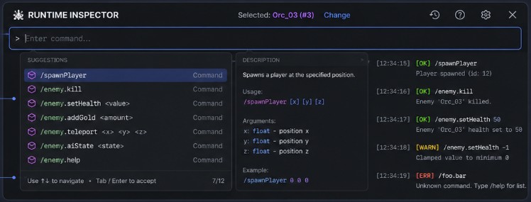 Runtime Inspector — konsola deweloperska